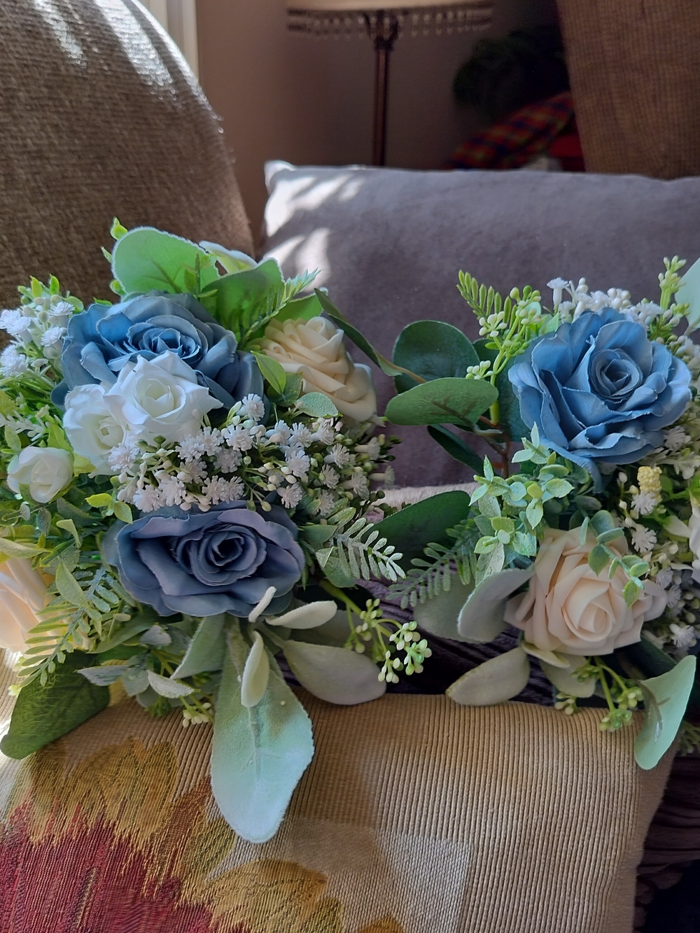 Blue and Cream With Assorted Greens Artificial Rose Arrangement - Home Accents